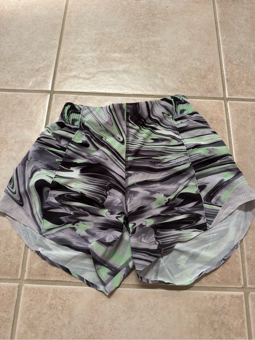 lululemon athletica Marbled Black, Gray & Mint Green Running Shorts